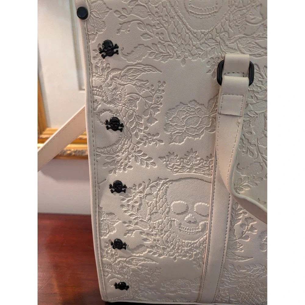 Betsey Johnson Cream Embossed Skull Floral Tote Bag Black Studded Crossbody Tote